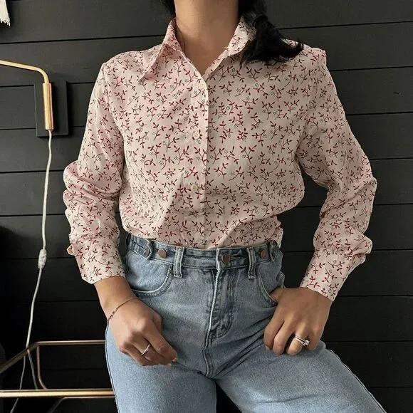 Vintage 1970s floral long sleeve button down blouse pretty secretary medium - Picture 8 of 9